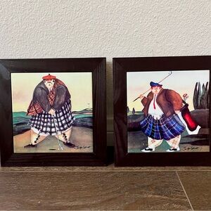 Ceramic tile art golfers Scottish wooden frame by Jennifer Garant Trivets 8/8